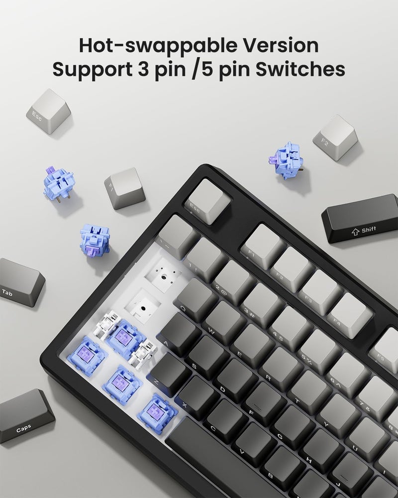 Kisnt Wireless Mechanical Keyboard,Gasket Mounted Creamy Sound,Bluetooth/2.4GHz/USB-C,Side Printed PBT Keycaps with RGB Backlit, Hot Swappable,75% Compact Layout for Gaming/Typing/Win/Mac/PC(Gradient Gray) - Image 4